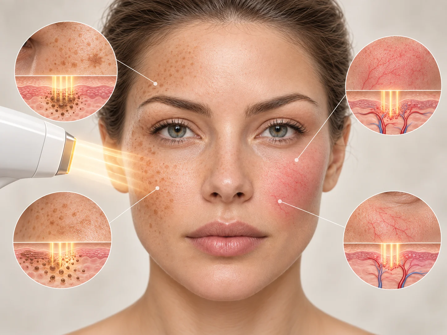 Medical illustration of broadband light treatment concepts for sun spots, pigmentation and facial redness