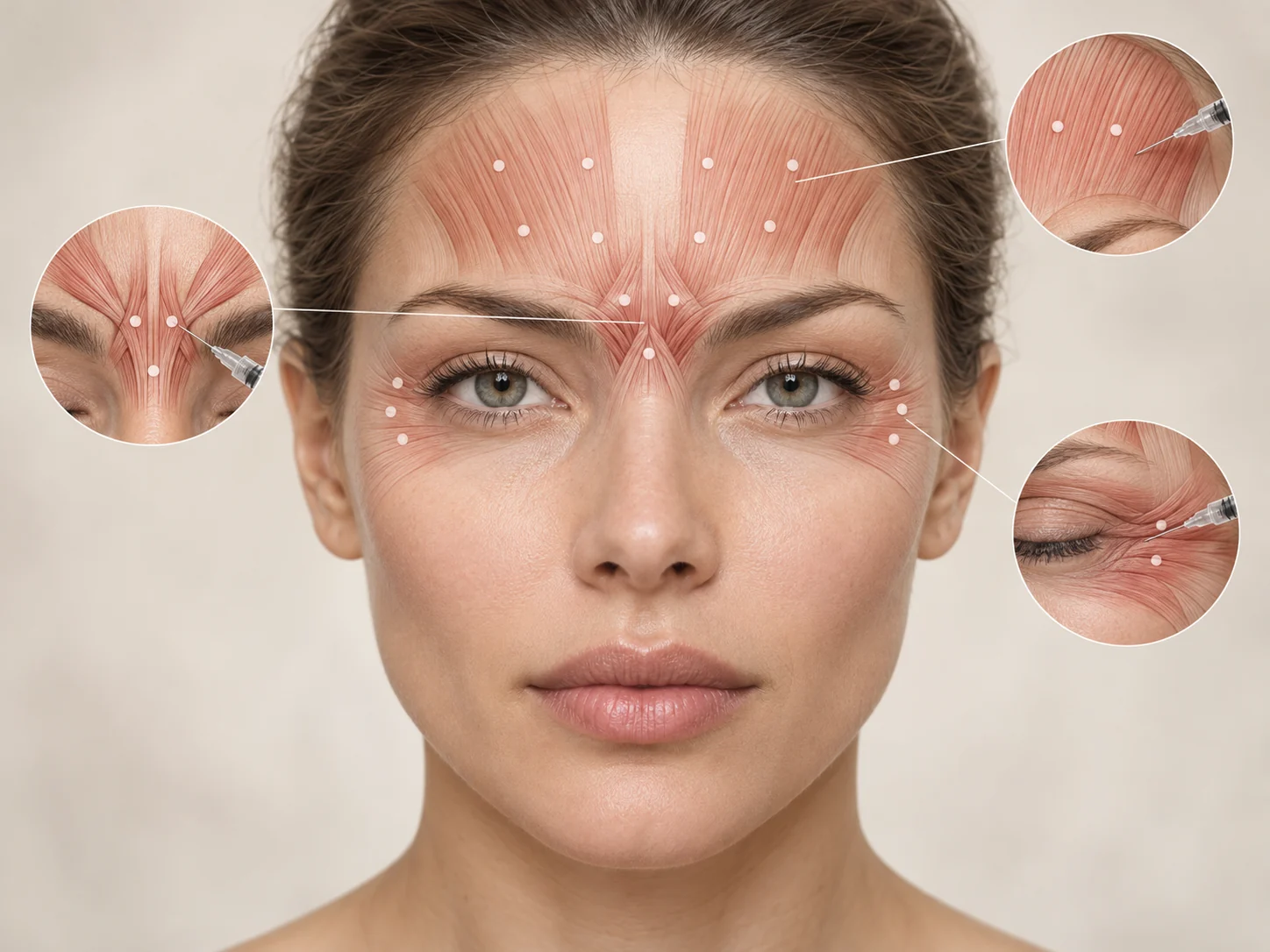 Facial anatomy illustration of forehead, glabellar and crow's feet muscles assessed for Botox treatment