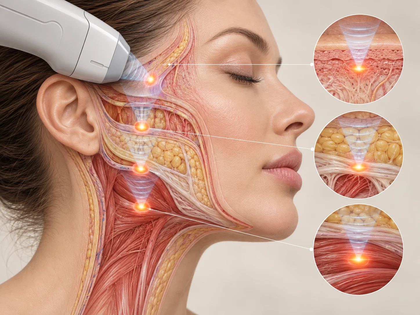 Medical illustration of focused ultrasound HIFU energy reaching different facial tissue layers