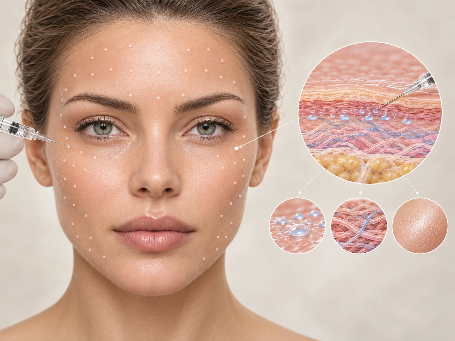 Medizinische Darstellung von Mesotherapie-Mikroinjektionen und oberflächlichen Hautschichten
